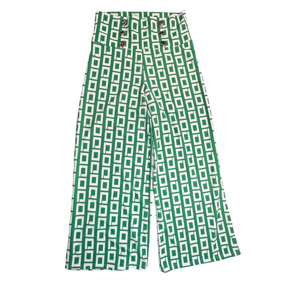 Vamp Pants Womens XL Green White Vintage High Rise Geometric Wide Leg Trendy